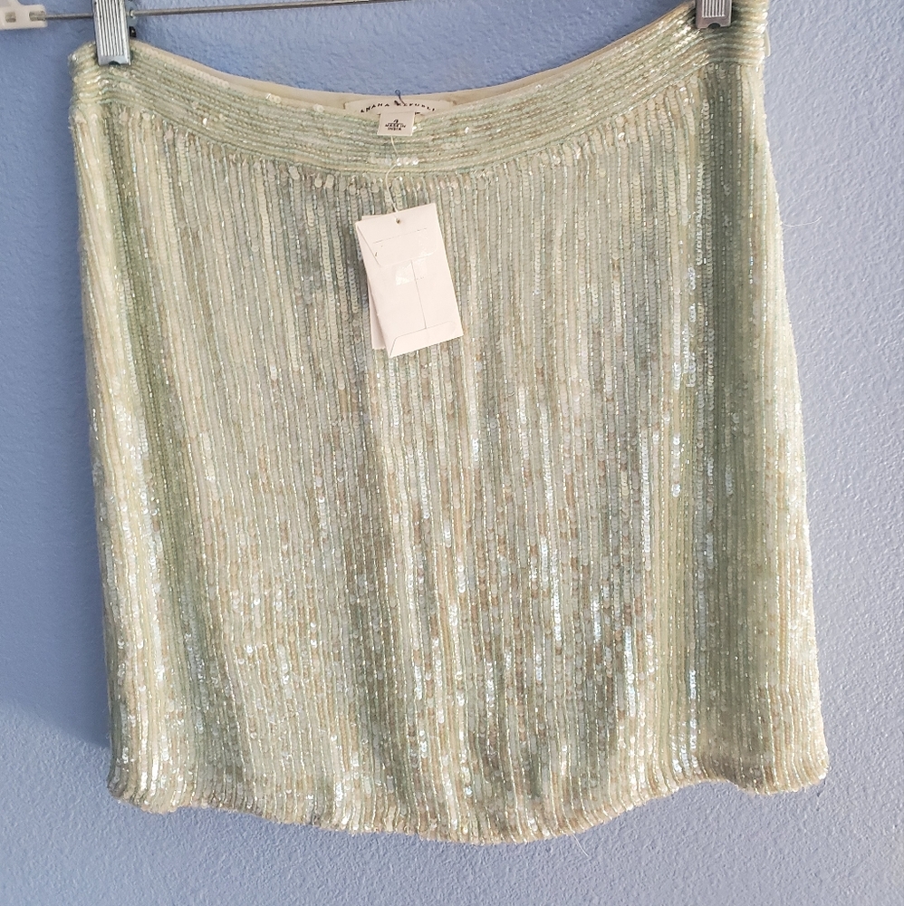 Vintage Banana Republic light teal & white beaded mini skirt.
